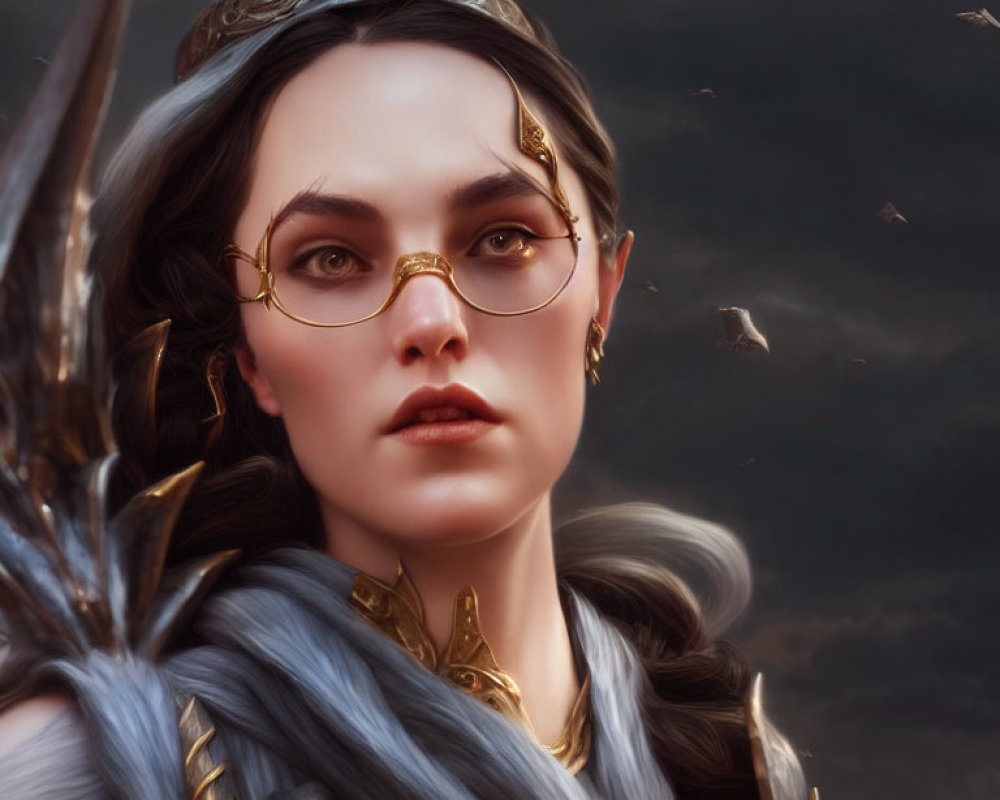 Regal woman digital portrait with tiara, glasses, and shoulder armor.