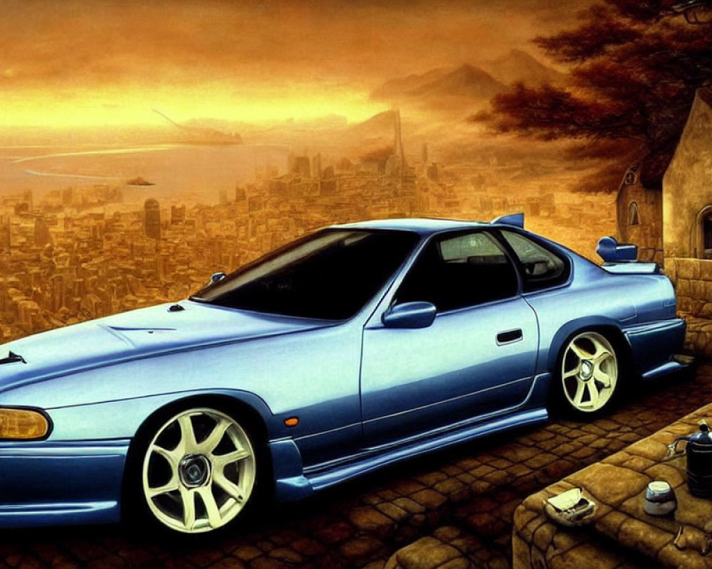 Blue sports car parked by stone house with dystopian cityscape and orange sky