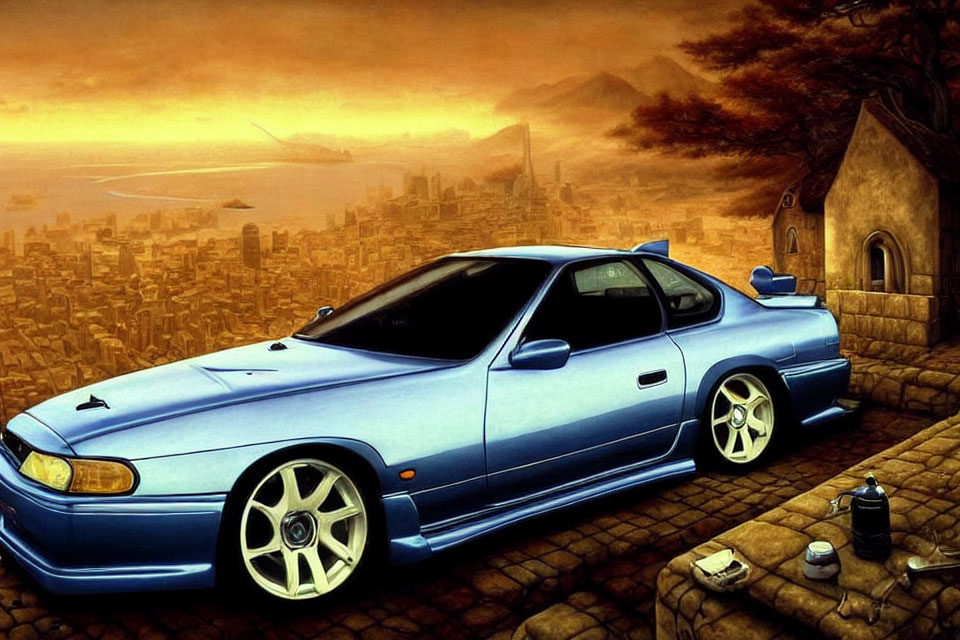 Blue sports car parked by stone house with dystopian cityscape and orange sky