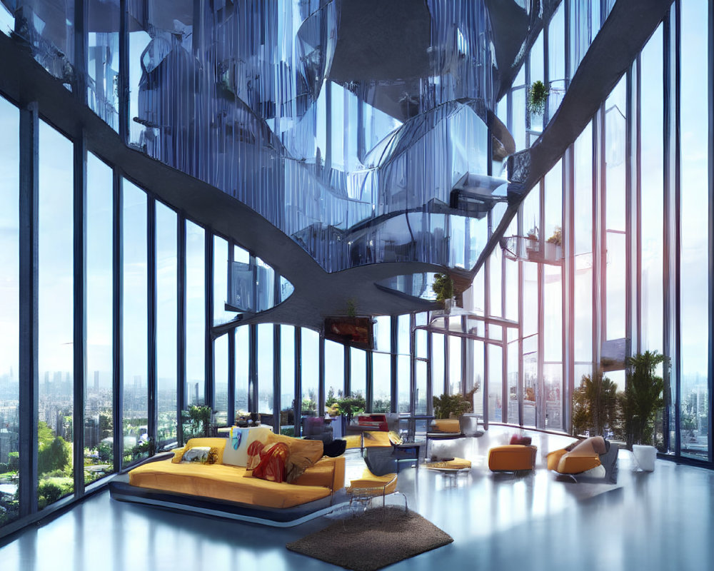 Modern living room with high ceilings, glass walls, floating staircases, and city skyline view