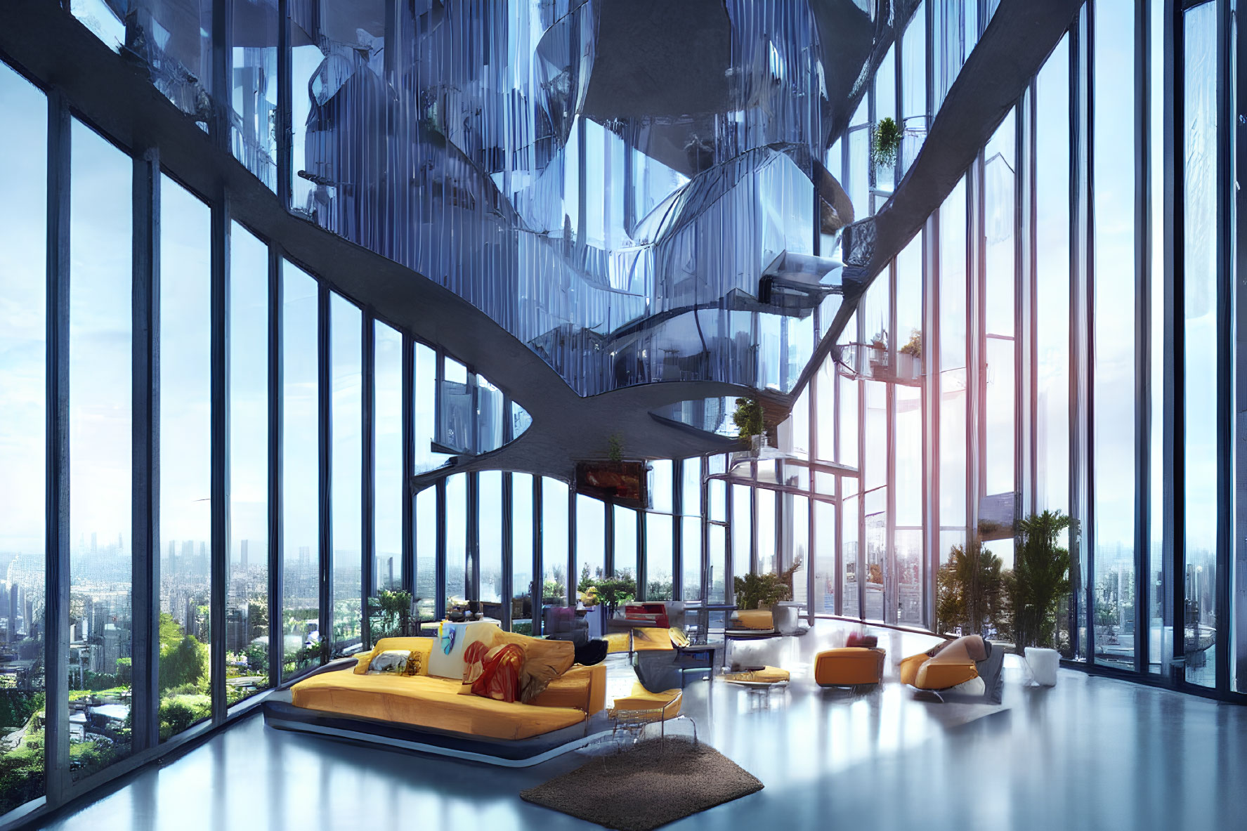 Modern living room with high ceilings, glass walls, floating staircases, and city skyline view