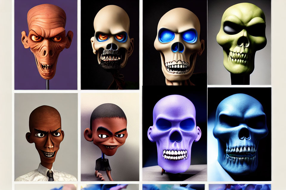 Stylized Skull Designs in Vibrant Colors Grid Display