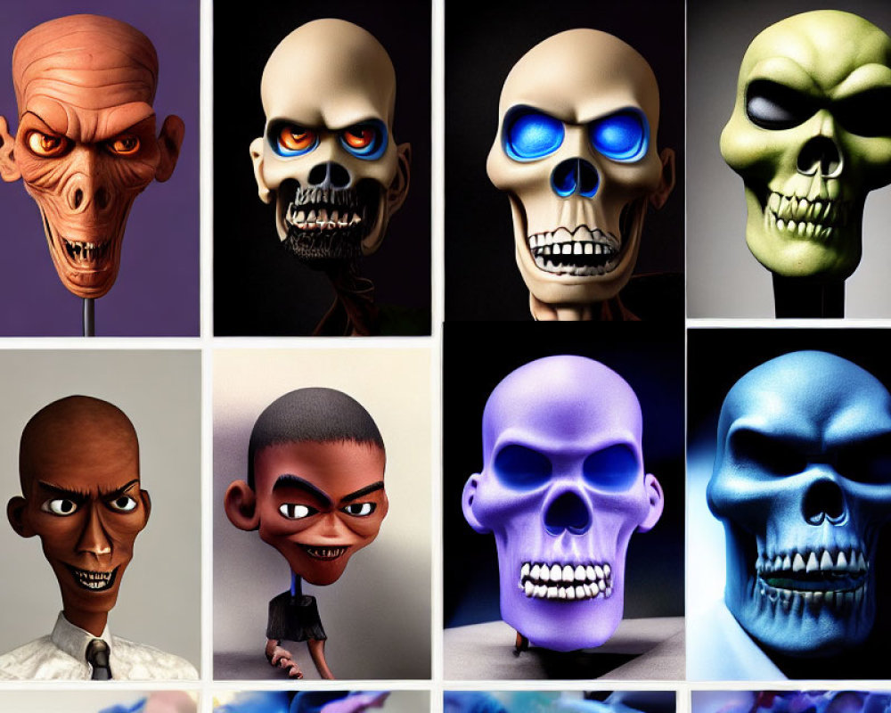 Stylized Skull Designs in Vibrant Colors Grid Display