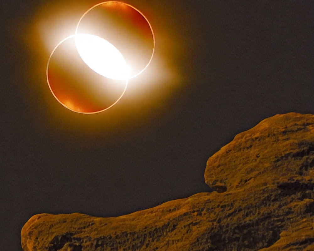 Solar eclipse behind rugged rock formation in darkened sky