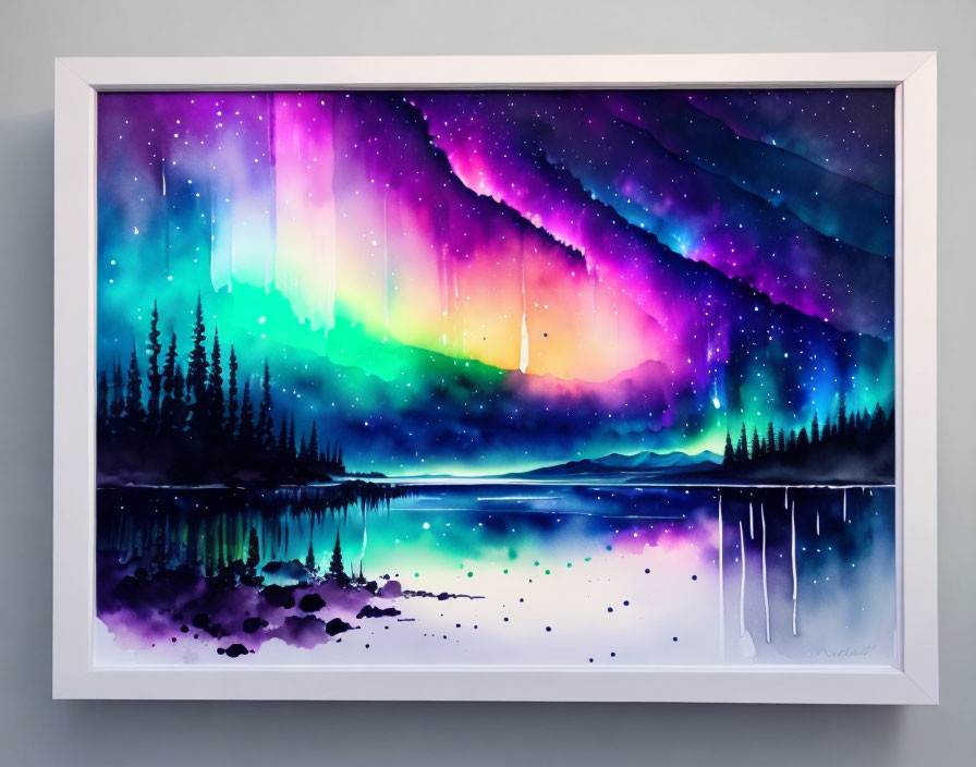 Colorful aurora borealis painting over forest and lake in whimsical style