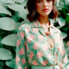 Woman in Floral Blouse Poses Among Green Foliage