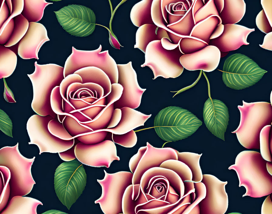 Detailed Pink Roses Seamless Pattern on Dark Background