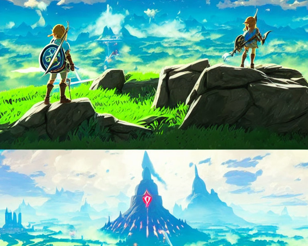 Character with sword and shield in video game overlooking vibrant landscape with volcano