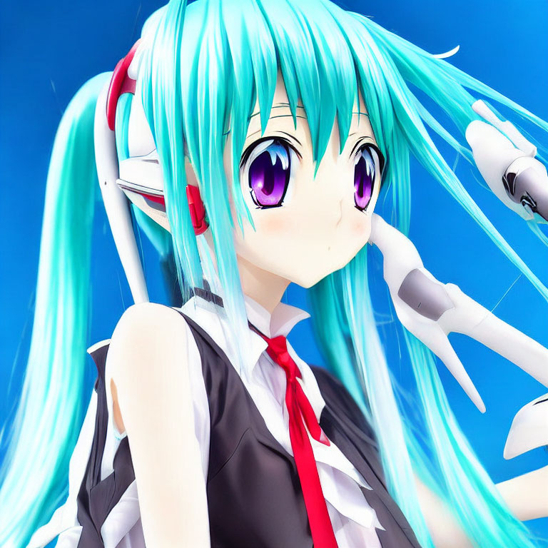 Animated character with turquoise hair and purple eyes in black and red outfit on blue background