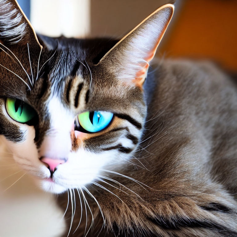 Close-up of cat with blue and green eyes, grey and black stripes, and pink nose