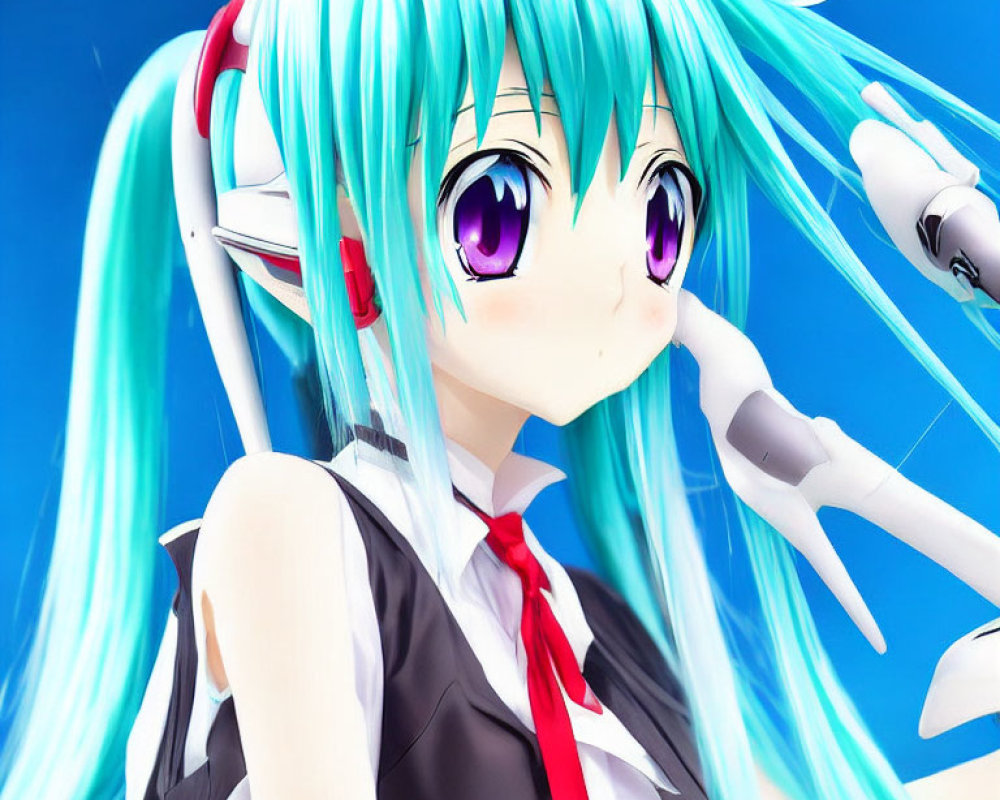 Animated character with turquoise hair and purple eyes in black and red outfit on blue background