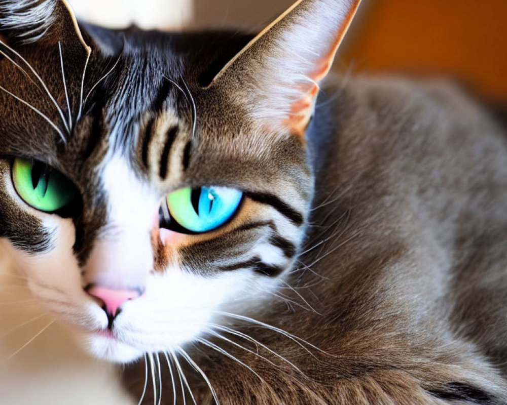 Close-up of cat with blue and green eyes, grey and black stripes, and pink nose