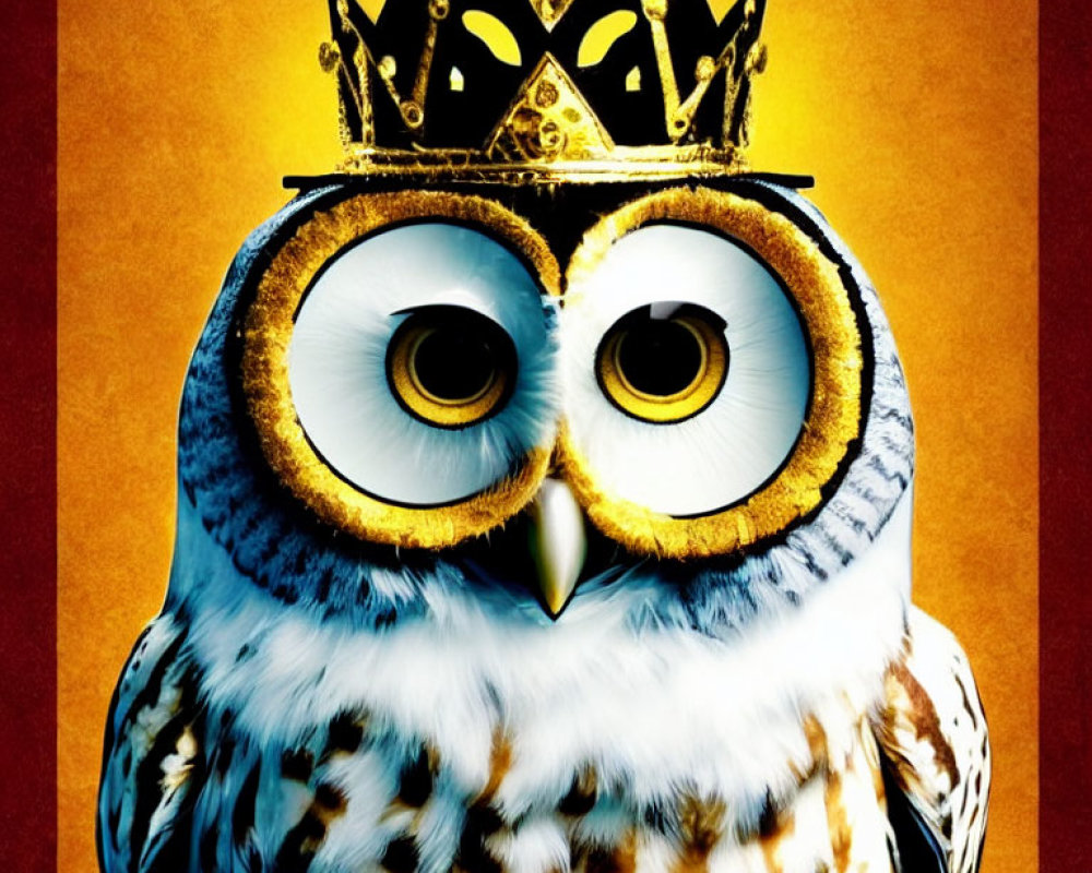 Illustrated owl with wide eyes in golden crown on warm-toned background