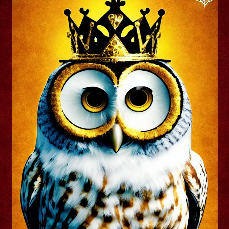 Illustrated owl with wide eyes in golden crown on warm-toned background