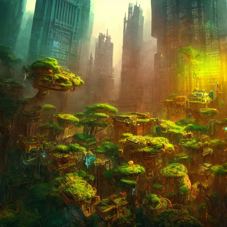 Futuristic cityscape featuring lush floating gardens and towering skyscrapers in warm sunlight