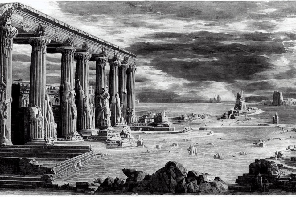 Monochrome artwork of classical temple ruins in desolate landscape