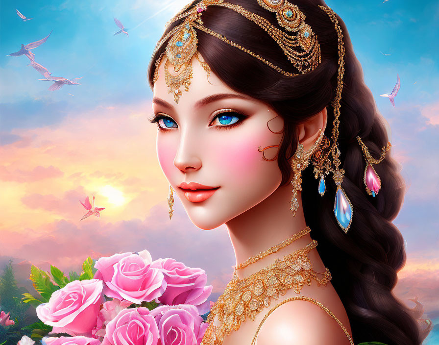 Digital artwork featuring woman with blue eyes and ornate jewelry in sunset setting