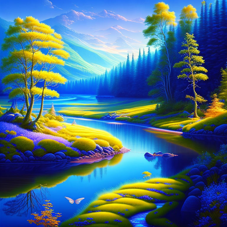 Colorful Fantasy Landscape with Blue River and Neon Flora