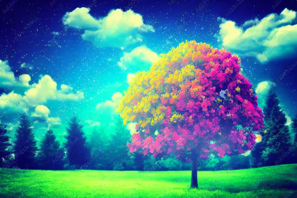 Colorful tree in surreal landscape under starry sky and lush grass field