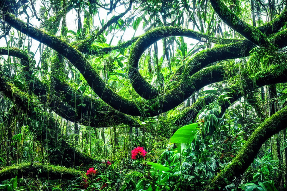 Tropical forest scene with vibrant flora and tangled vines