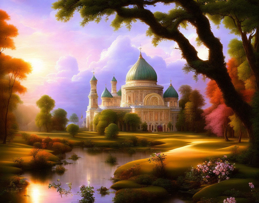 Vibrant landscape with majestic domed building and serene river