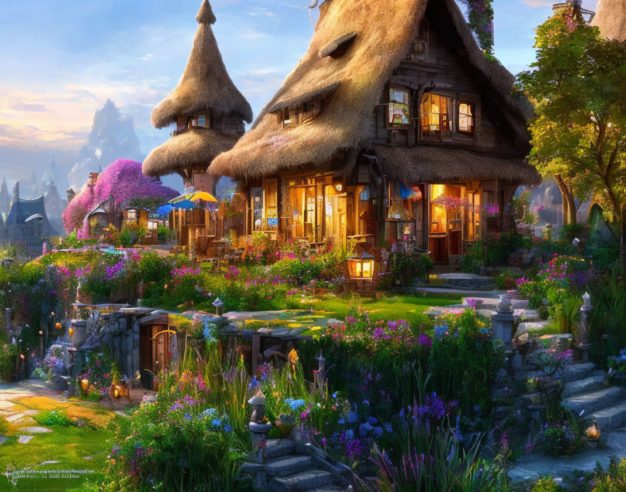 Colorful gardens and thatched-roof cottages in a fantasy village at dusk