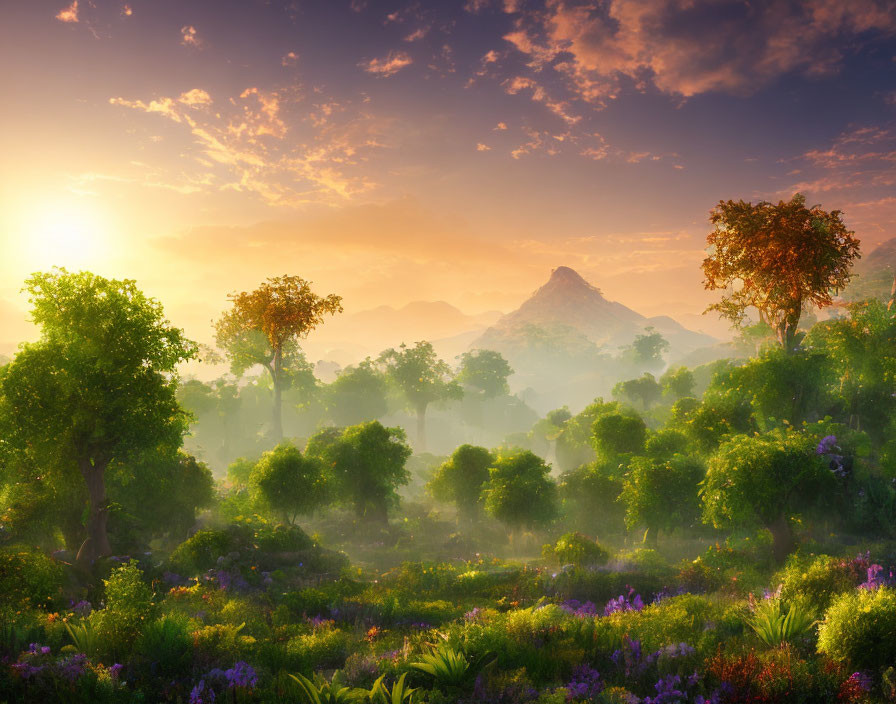 Tranquil sunrise landscape with lush greenery, colorful flowers, mist, and distant mountain