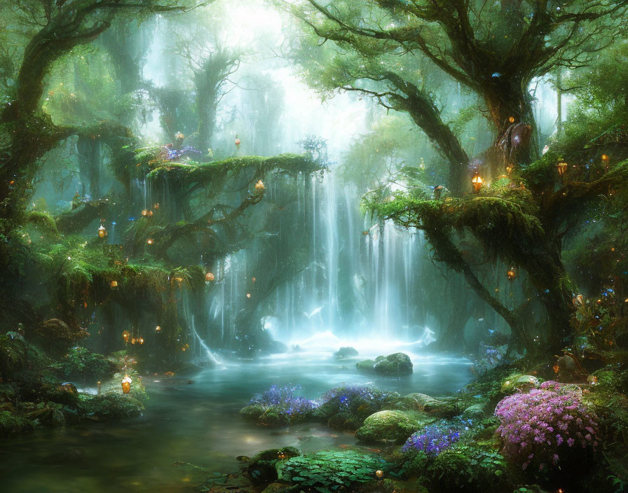 Enchanting forest with greenery, lanterns, waterfalls, and flowers