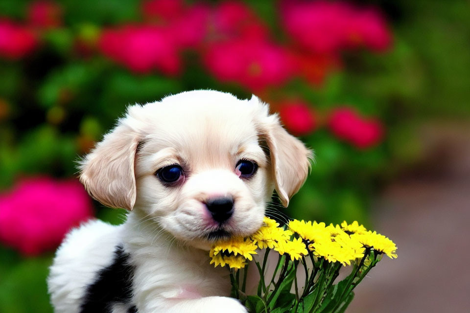 Black and white puppy with floppy ears holding yellow flowers in mouth on pink flower background