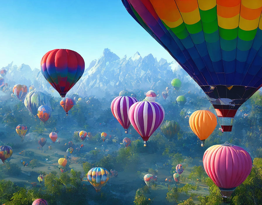 Vibrant hot air balloons over misty mountain forest