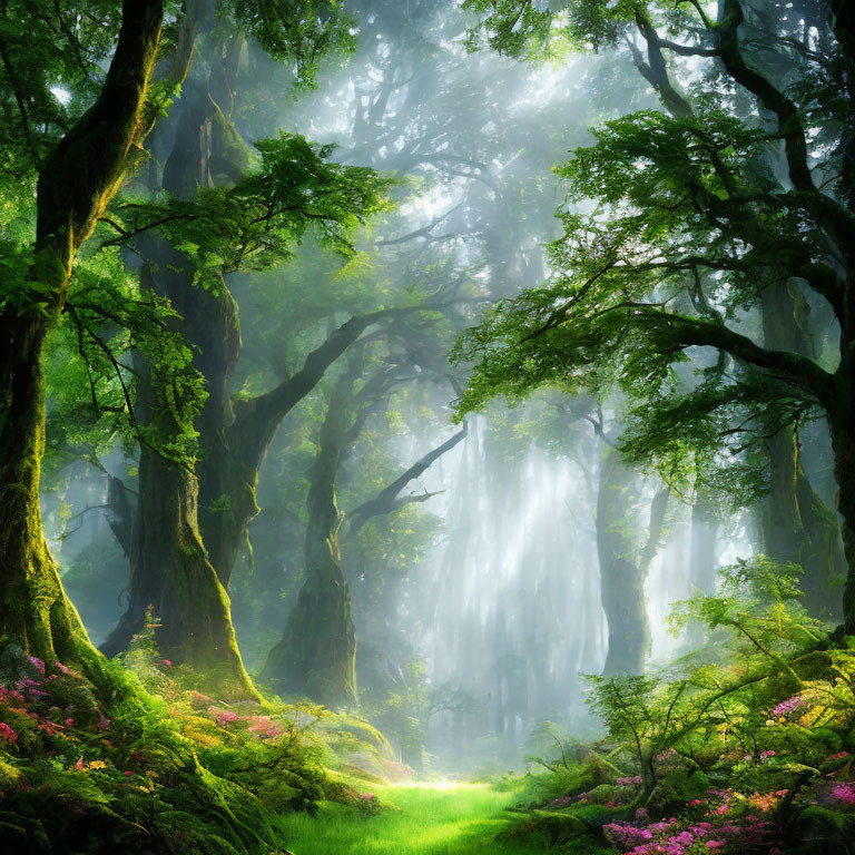 Misty forest with towering trees and pink flowers