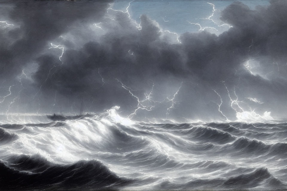 Dark storm clouds, lightning strikes, turbulent waves, and a struggling ship in ominous seascape.