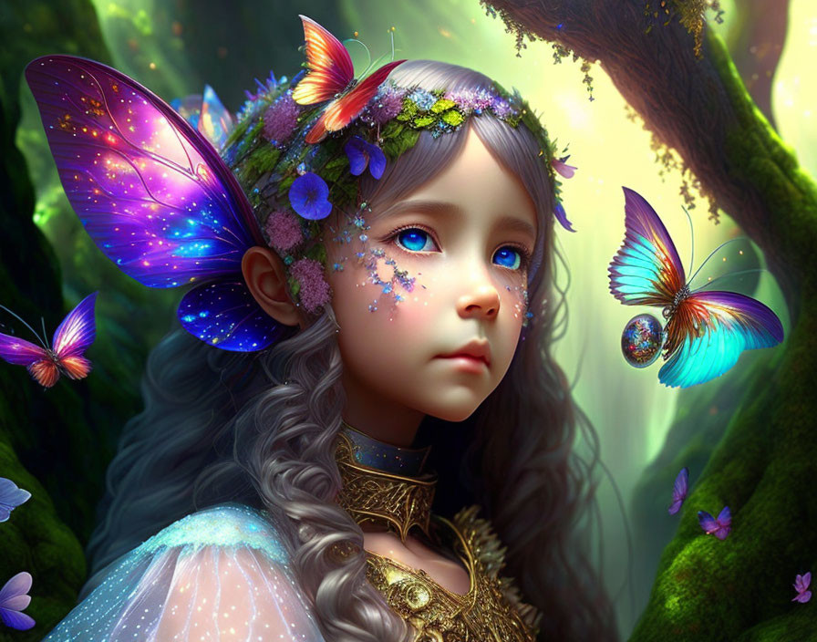 Young girl with purple butterfly wings in magical forest with butterflies