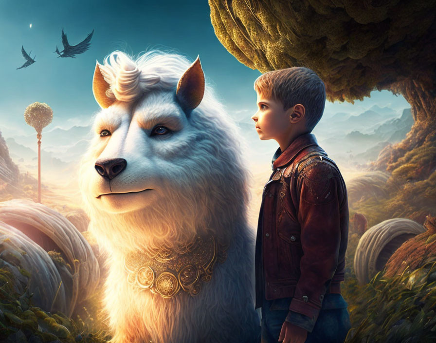 Young boy in leather jacket with noble white wolf in fantastical forest setting