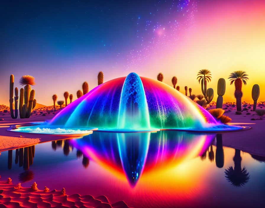 Surreal sunset landscape with colorful dome, cacti, and star-filled sky