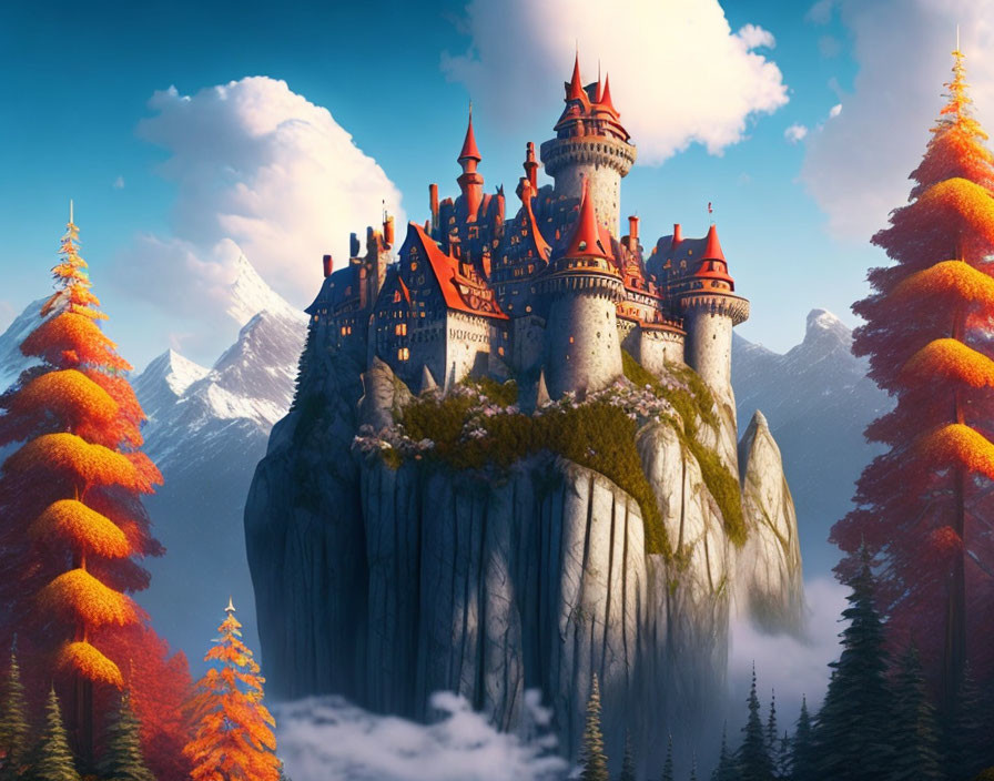 Majestic castle on cliff with spires, autumn trees, mountains, clear sky