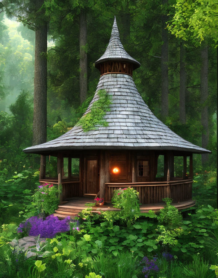 Wooden gazebo with conical roof in lush forest with purple flowers and warm light.