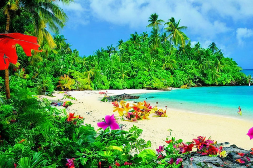 Vibrant tropical beach scene with flowers, palm trees, and turquoise sea