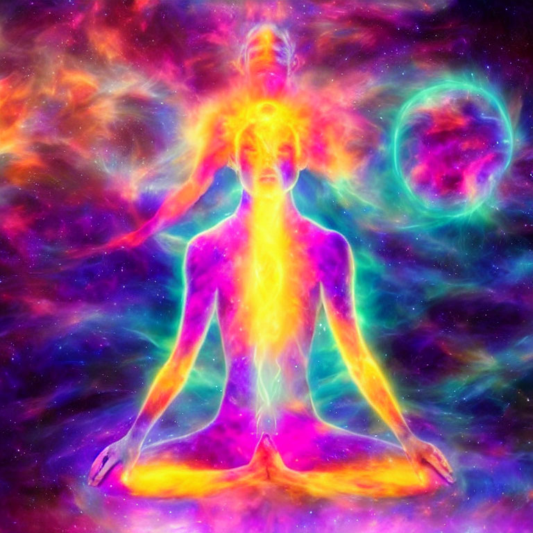 Colorful Meditation Pose with Aligned Chakras on Cosmic Background