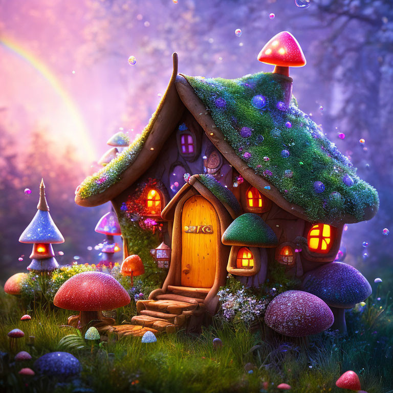 Enchanting fairy-tale cottage with moss-covered roof and colorful mushroom houses