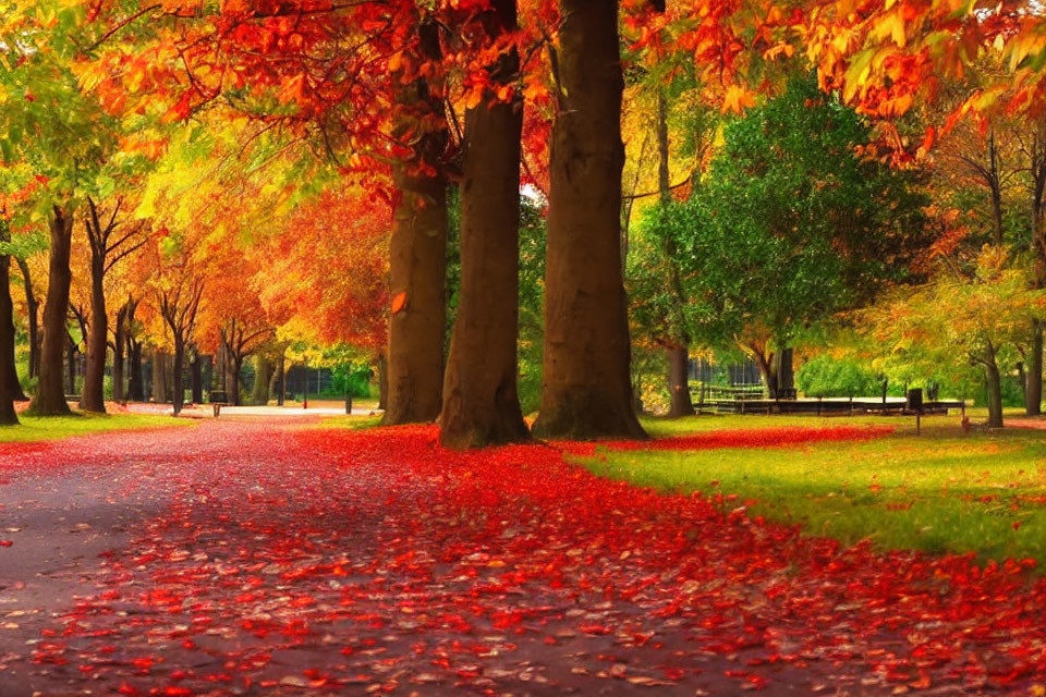 Colorful Autumn Park Scene with Red and Golden Foliage and Winding Pathway