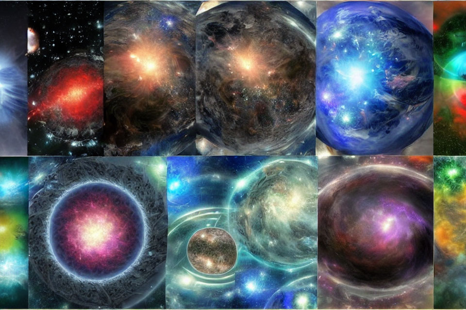 Nine cosmic images featuring nebulas, galaxies, and cosmological phenomena in vibrant colors