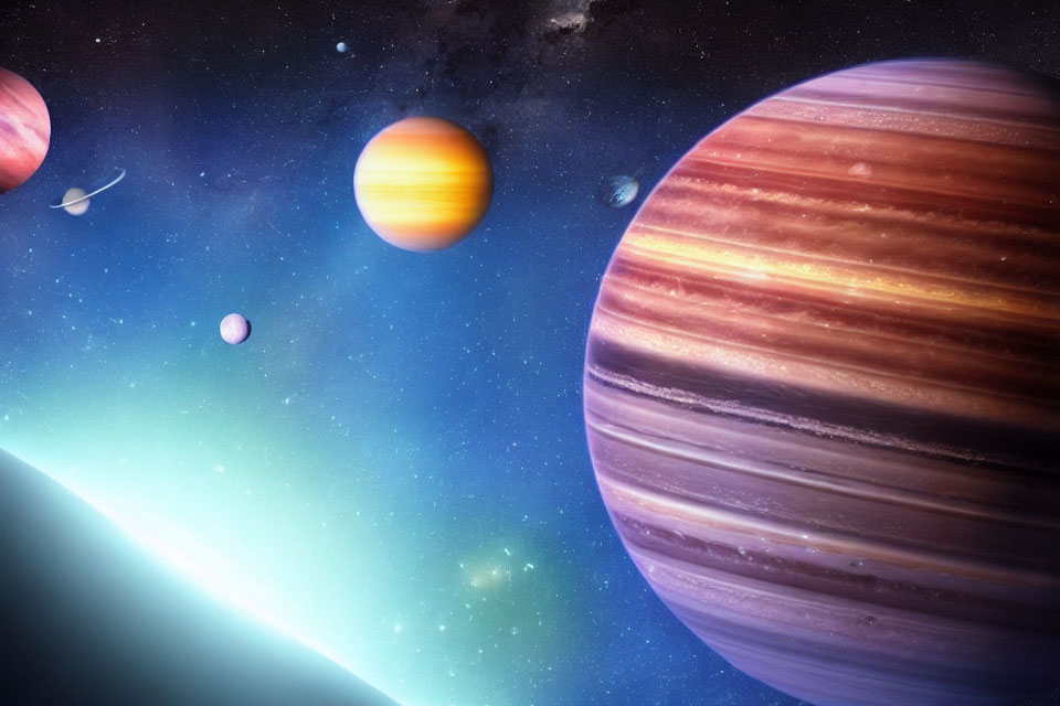 Colorful Solar System with Planets and Moons in Starry Space