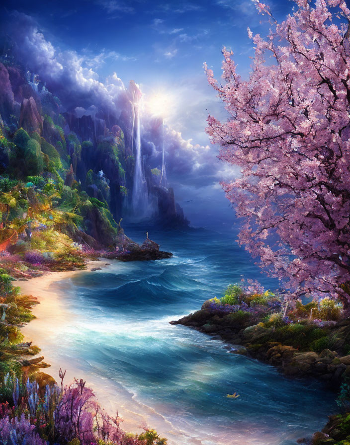 Tranquil Landscape with Cherry Blossom Tree, Beach, Waterfalls, Cliffs, and Fl