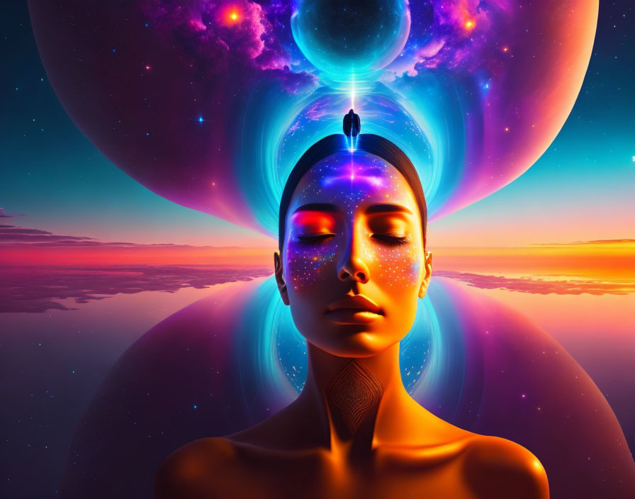 Serene woman's face with cosmic elements and vibrant sunset hues