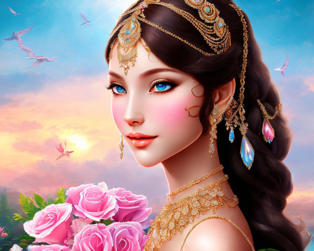 Digital artwork featuring woman with blue eyes and ornate jewelry in sunset setting