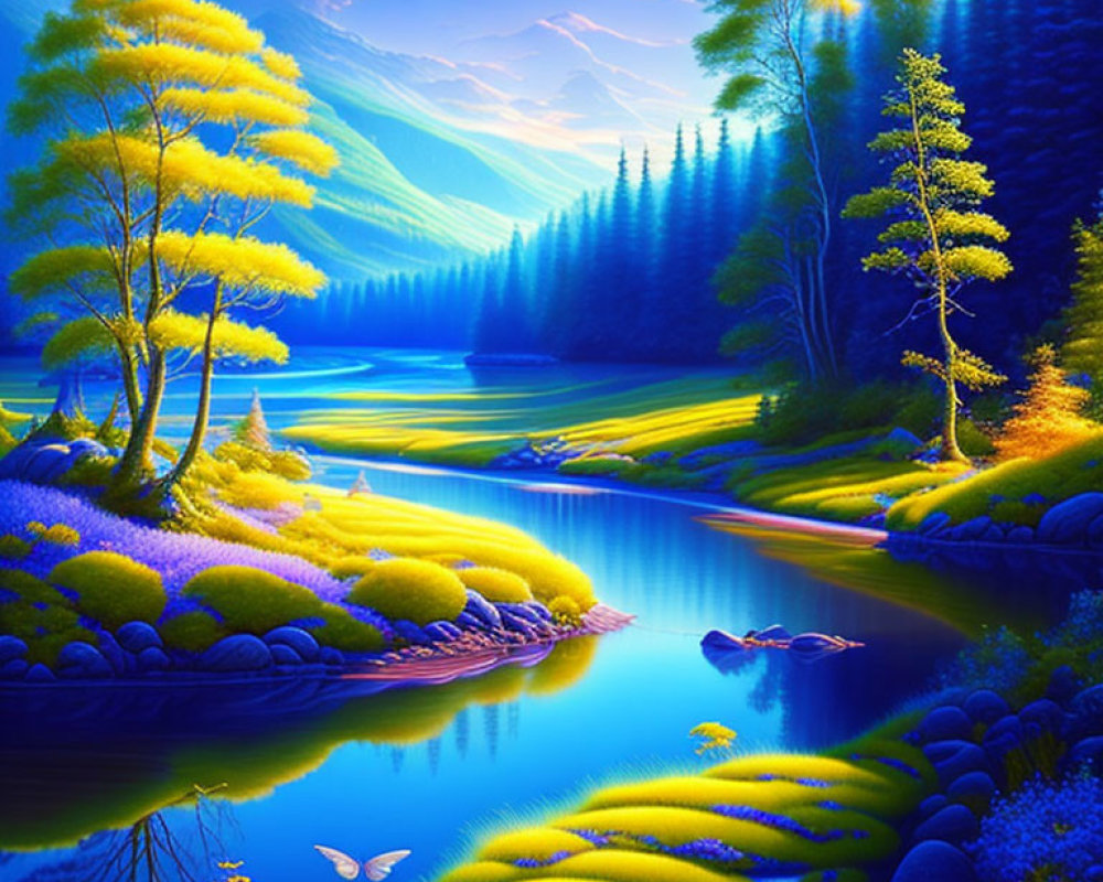 Colorful Fantasy Landscape with Blue River and Neon Flora