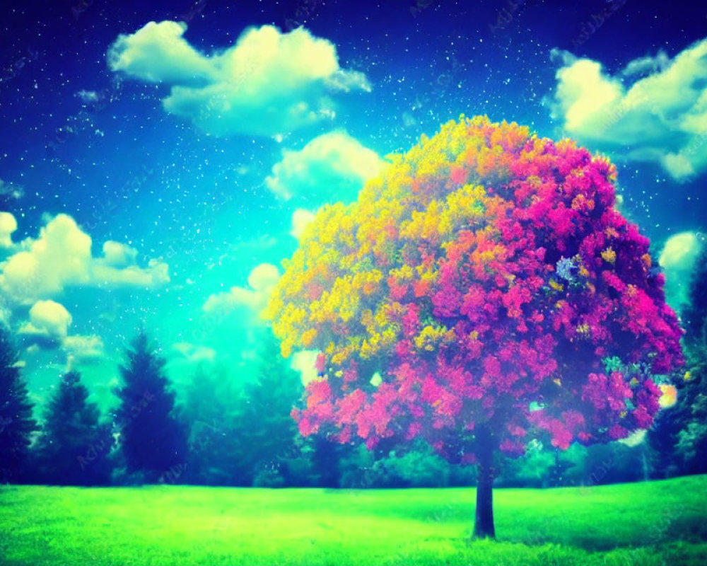 Colorful tree in surreal landscape under starry sky and lush grass field