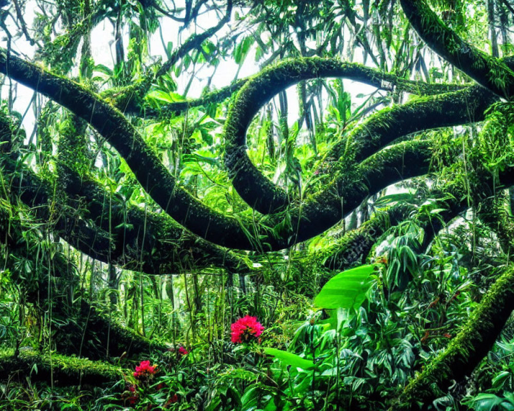 Tropical forest scene with vibrant flora and tangled vines