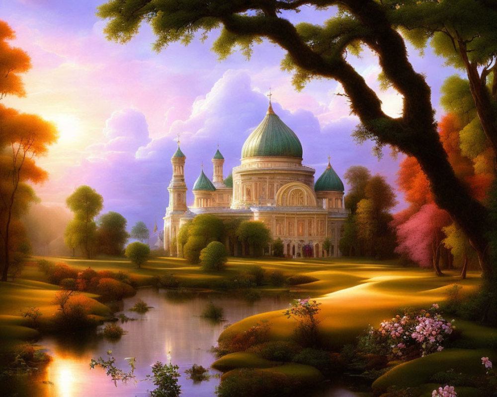 Vibrant landscape with majestic domed building and serene river